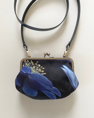 Image of Blue wood anemone, velvet clutch bag with optional strap