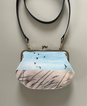 Image of Birds and reeds, velvet clutch bag with optional strap