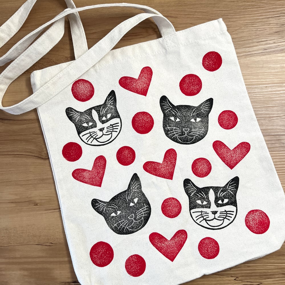 Image of Kitty Tote Bag with Hearts and Dots (only 1 available)