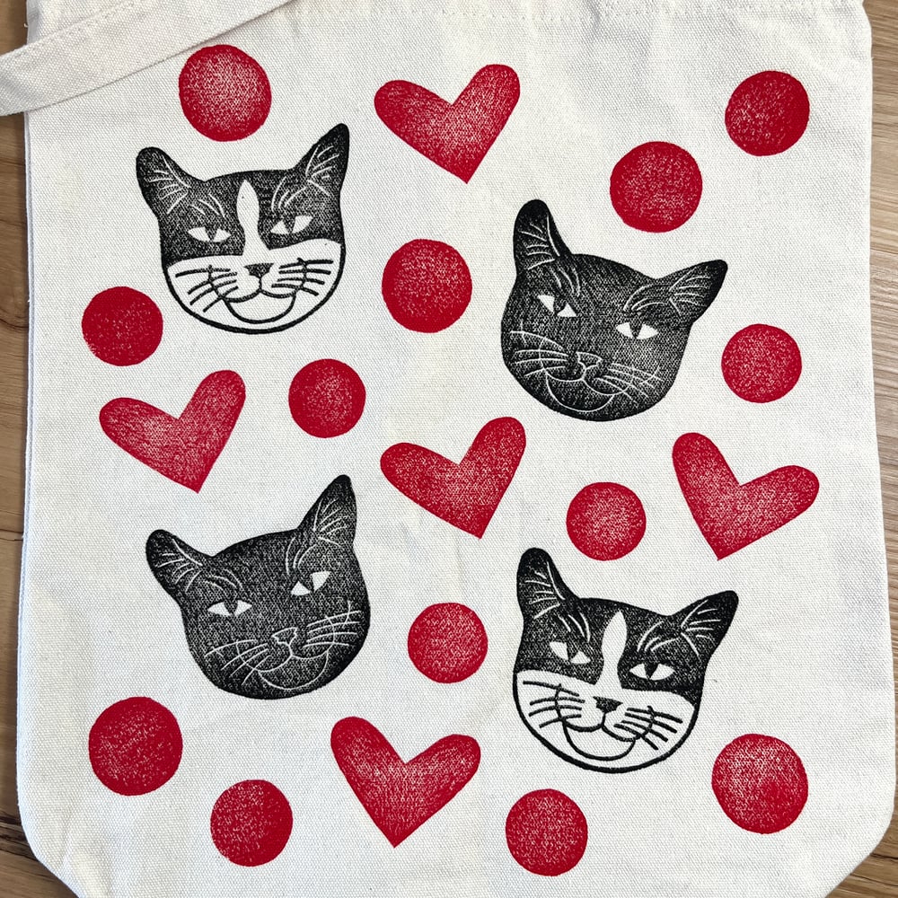 Image of Kitty Tote Bag with Hearts and Dots (only 1 available)