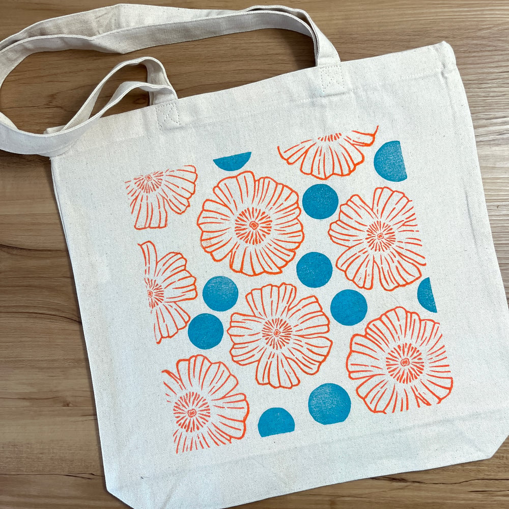 Image of Orange Flower Tote with Turquoise Polka Dots