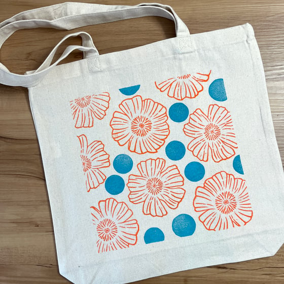 Image of Orange Flower Tote with Turquoise Polka Dots