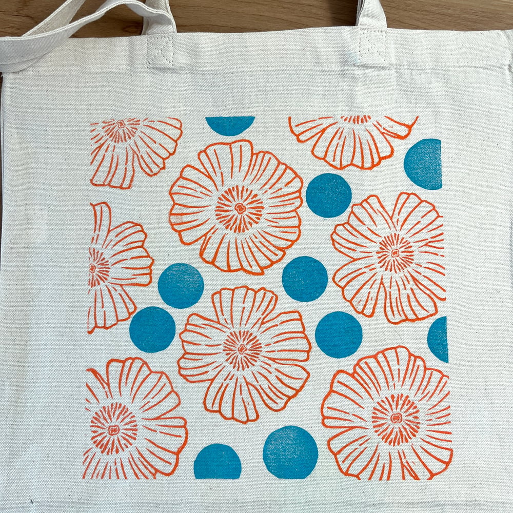 Image of Orange Flower Tote with Turquoise Polka Dots