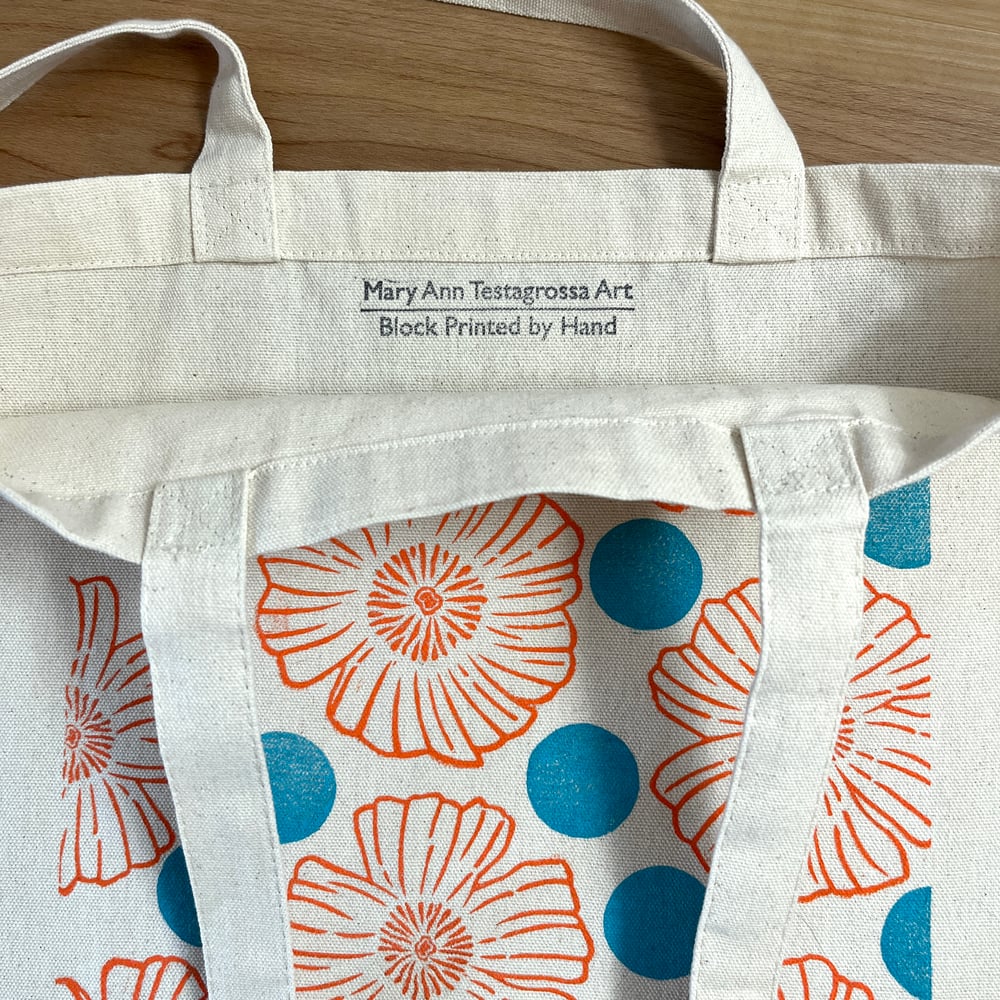 Image of Orange Flower Tote with Turquoise Polka Dots