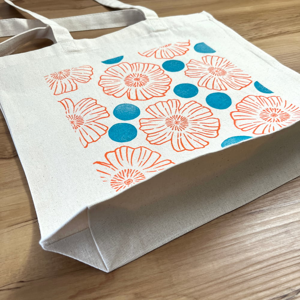 Image of Orange Flower Tote with Turquoise Polka Dots