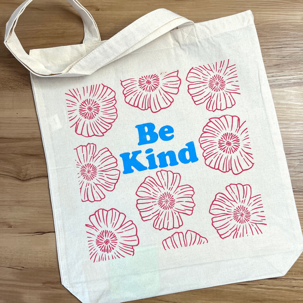 Image of Be Kind Tote with Rosy Pink Flowers  