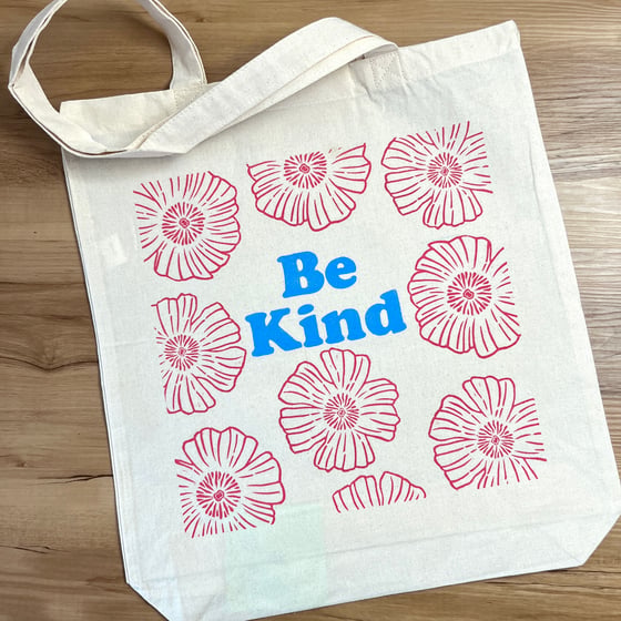 Image of Be Kind Tote with Rosy Pink Flowers  
