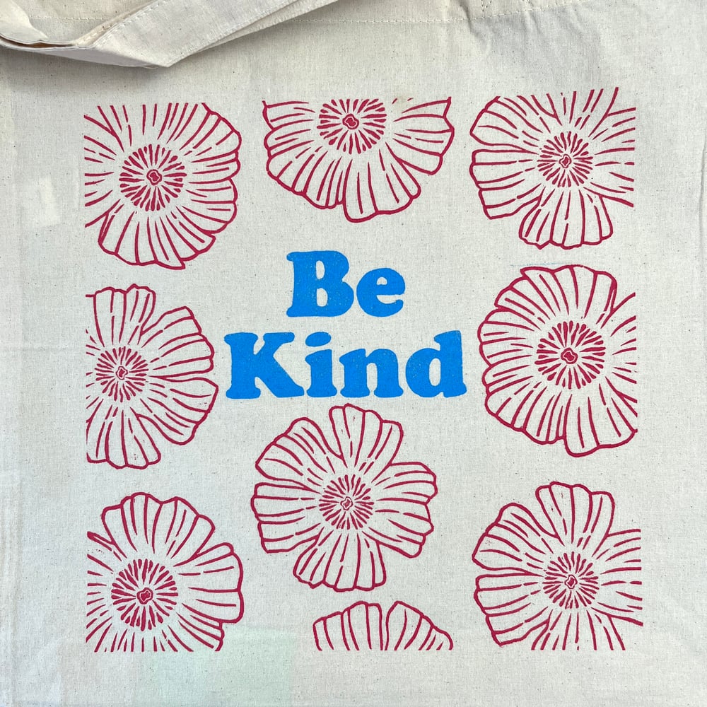 Image of Be Kind Tote with Rosy Pink Flowers  