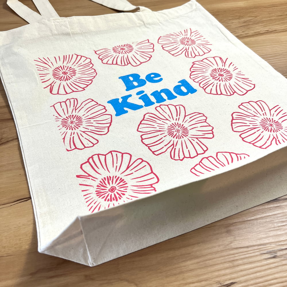 Image of Be Kind Tote with Rosy Pink Flowers  
