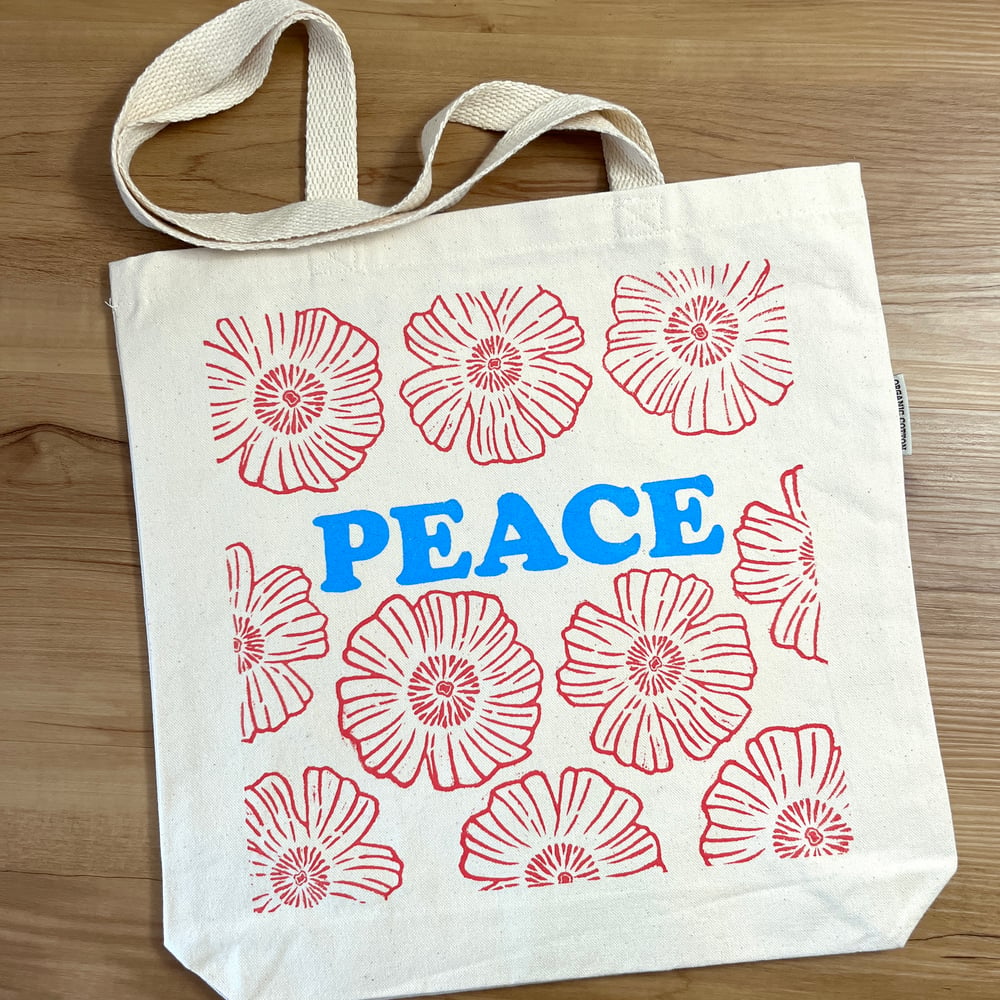 Image of Peace Tote with Rosy Pink Flowers  