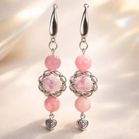 SILVER CENTER WITH FLOWER PRINT AND PINK BEADS AND SILVER HEART DANGLE