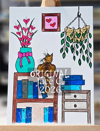 Striped Cat with Blue Books collectable art card
