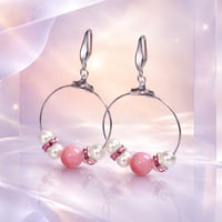 SILVER HOOP EARRINGS WITH IMITATION PEARL AND PINK BEADS WITH A PINK CZ RONDELES