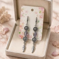 SILVER  AND LIGHT PURPLE TEARDROP EARRINGS WITH LEAF DANGLES
