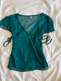 Image 1 of Vintage Y2K teal sequin top with side ties 