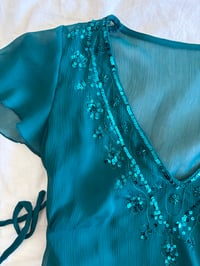 Image 3 of Vintage Y2K teal sequin top with side ties 
