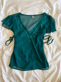 Image 7 of Vintage Y2K teal sequin top with side ties 