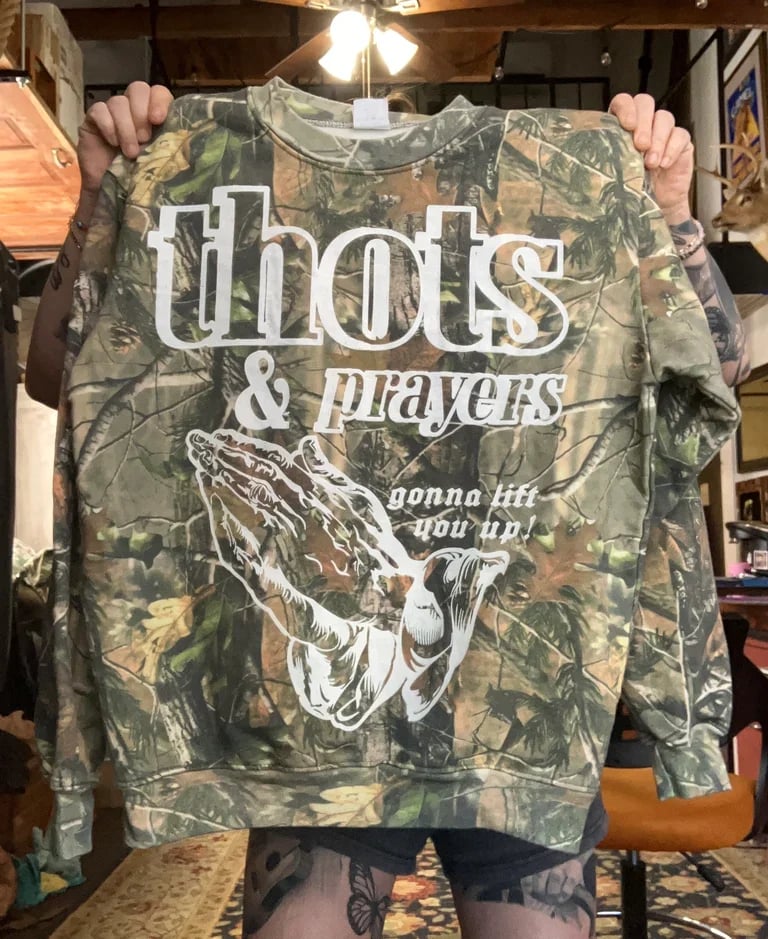 THOTS&PRAYERS CAMO CREWNECK SWEATERS**