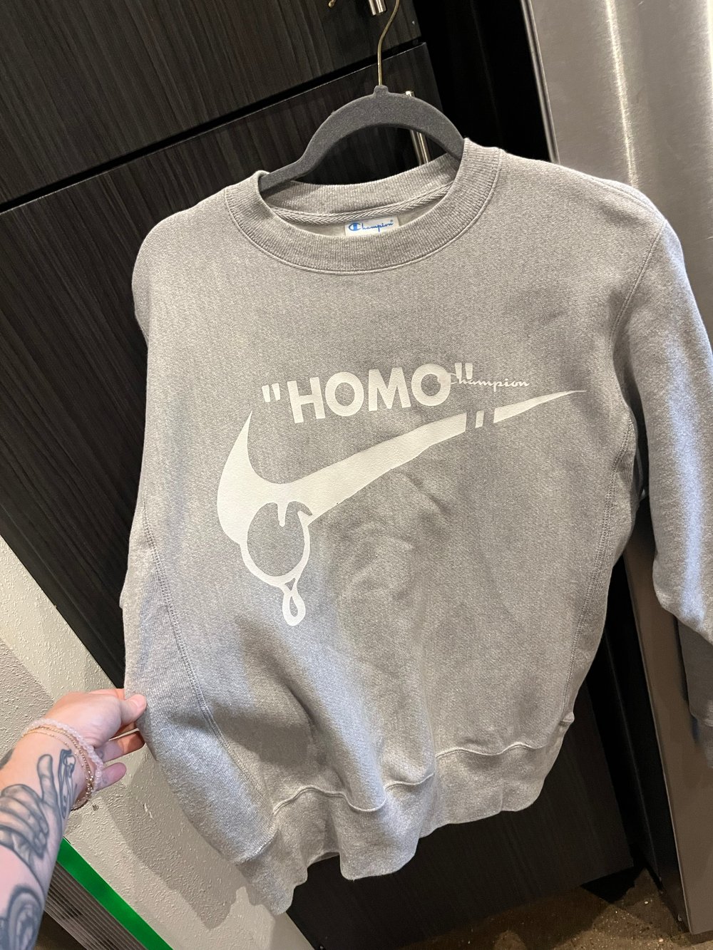 S grey thirsty homo champion reverse weave crewneck