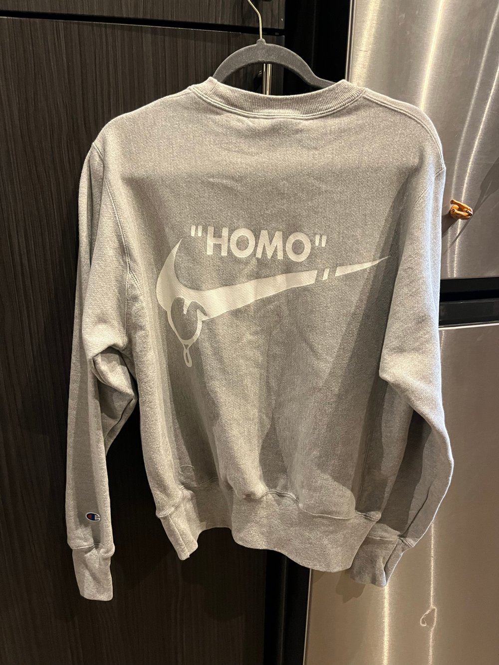 S grey thirsty homo champion reverse weave crewneck