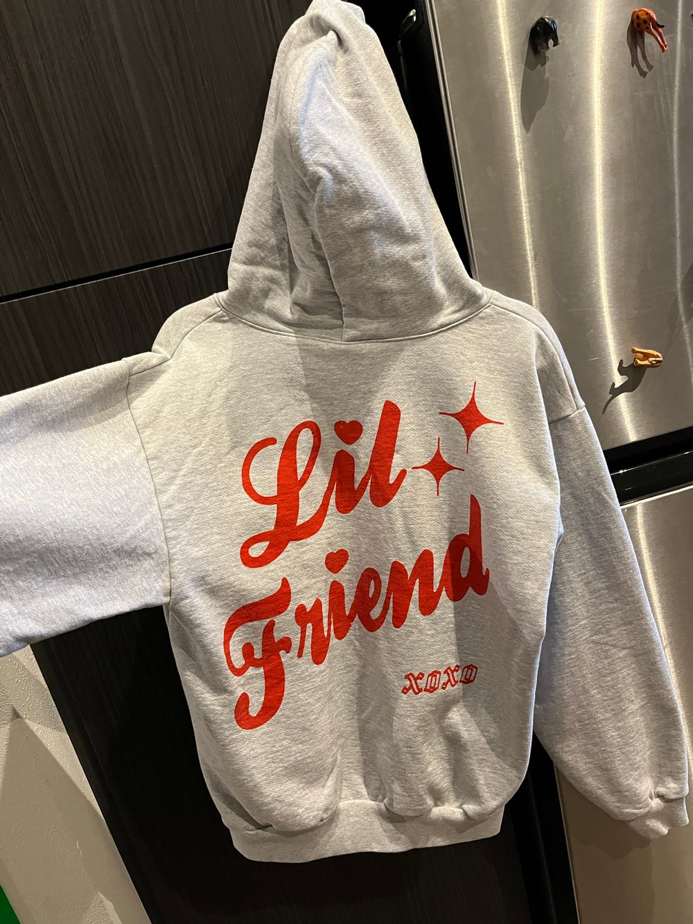 M GREY LA APPAREL "LIL FRIEND" 14 OZ HOODIE FRONT & BACK