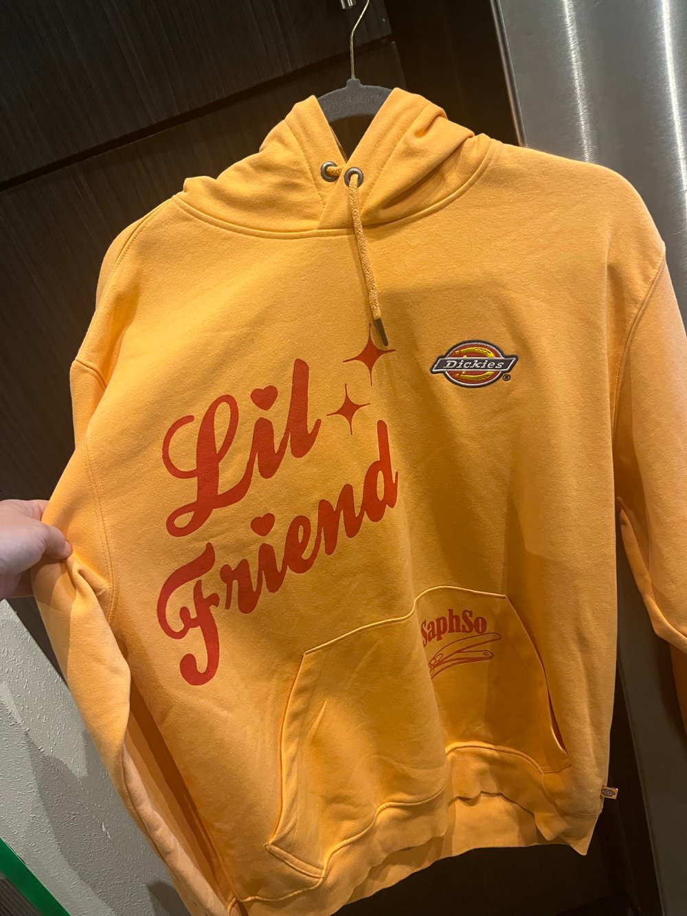 M BRIGHT ORANGE DICKIES HOODIE "LIL FRIEND" RED INK FRONT&BACK