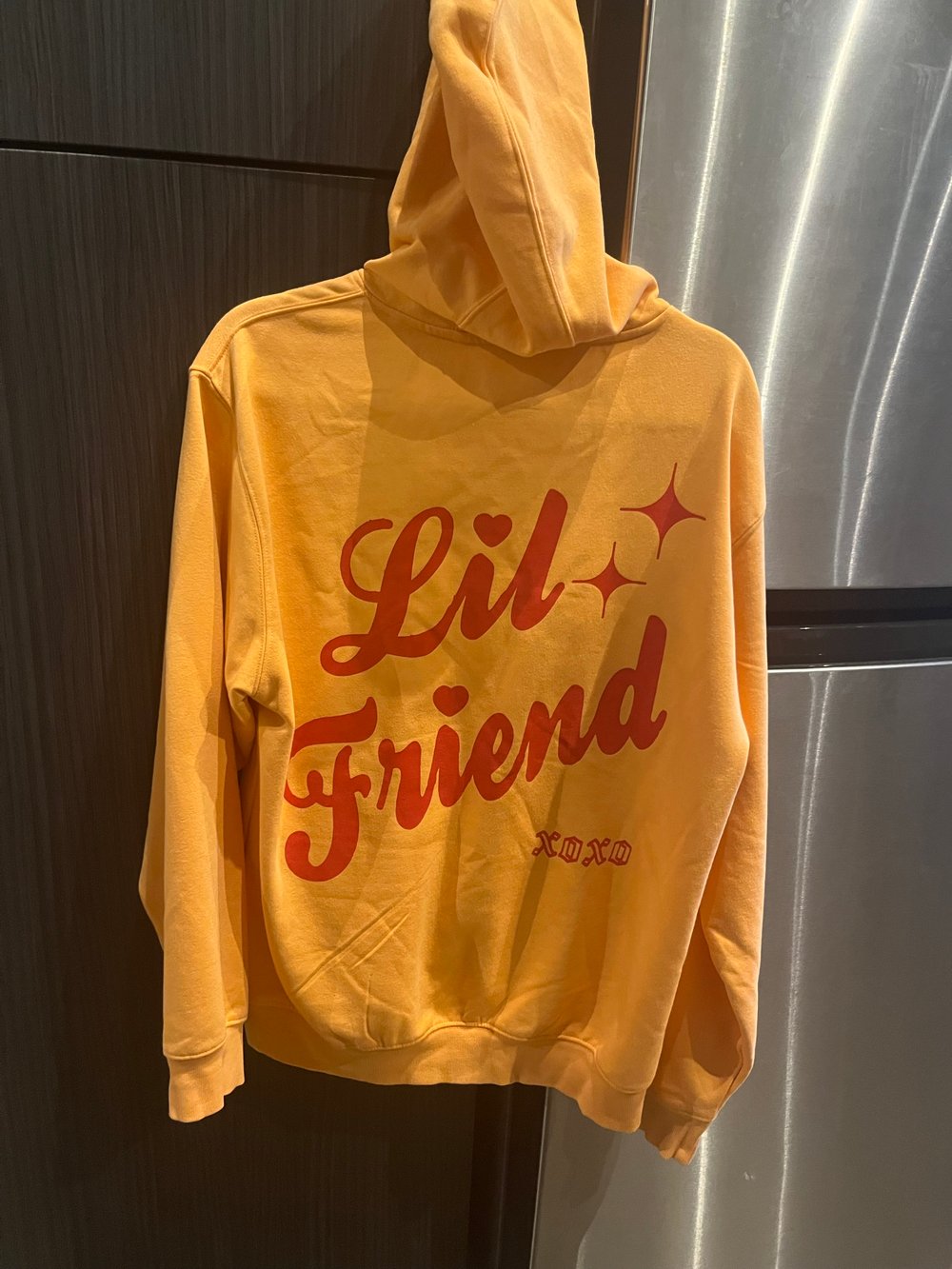 M BRIGHT ORANGE DICKIES HOODIE "LIL FRIEND" RED INK FRONT&BACK