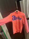 S NEON RED ORANGE HOODIE "ABORTION" BLUE INK 