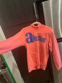 Image 1 of S NEON RED ORANGE HOODIE "ABORTION" BLUE INK 