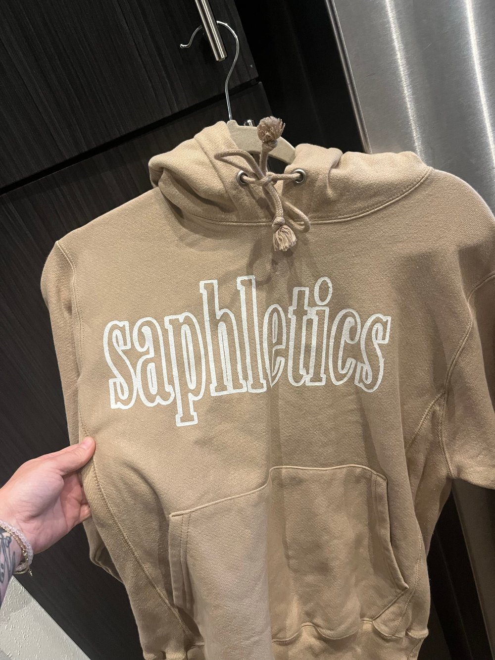 S TAN REVERSE WEAVE CHAMPION "SAPHLETICS" HOODIE 