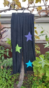 Image 1 of Black Chenille Pants with lime, band purple stars
