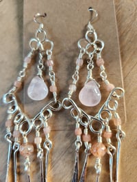 Image 1 of Chandelier Drop Earrings – Rose Quartz & Moonstone, Handcrafted Silver-Toned Copper