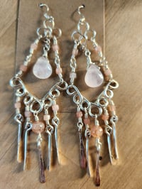 Image 2 of Chandelier Drop Earrings – Rose Quartz & Moonstone, Handcrafted Silver-Toned Copper