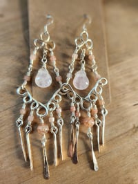 Image 3 of Chandelier Drop Earrings – Rose Quartz & Moonstone, Handcrafted Silver-Toned Copper
