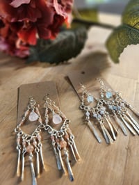 Image 4 of Chandelier Drop Earrings – Rose Quartz & Moonstone, Handcrafted Silver-Toned Copper