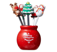 Image 1 of Christmas Fruit Forks / Food Picks 5 PCS Stainless Steel with Ceramic holder