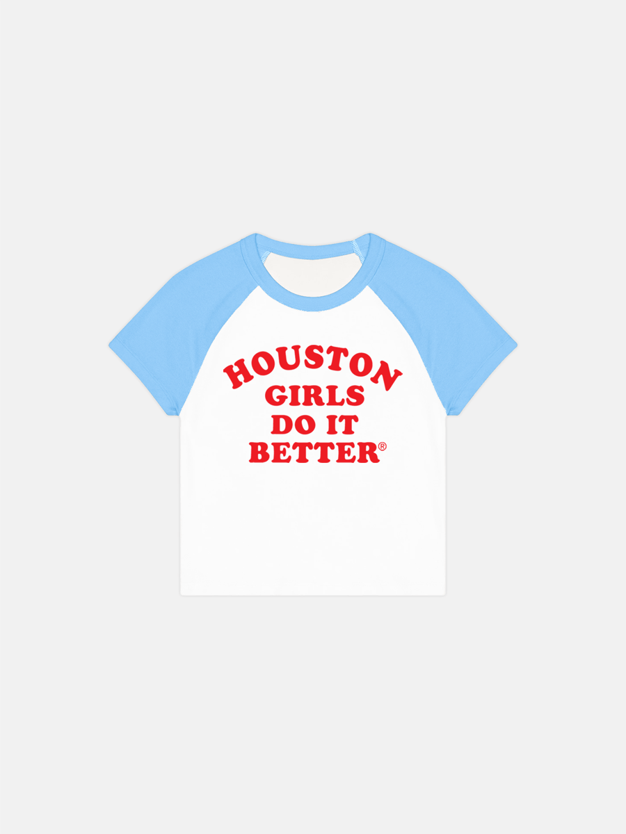 Image of HOUSTON GIRLS DO IT BETTER® WOMEN'S RAGLAN TEE - WHITE / BABY BLUE / RED