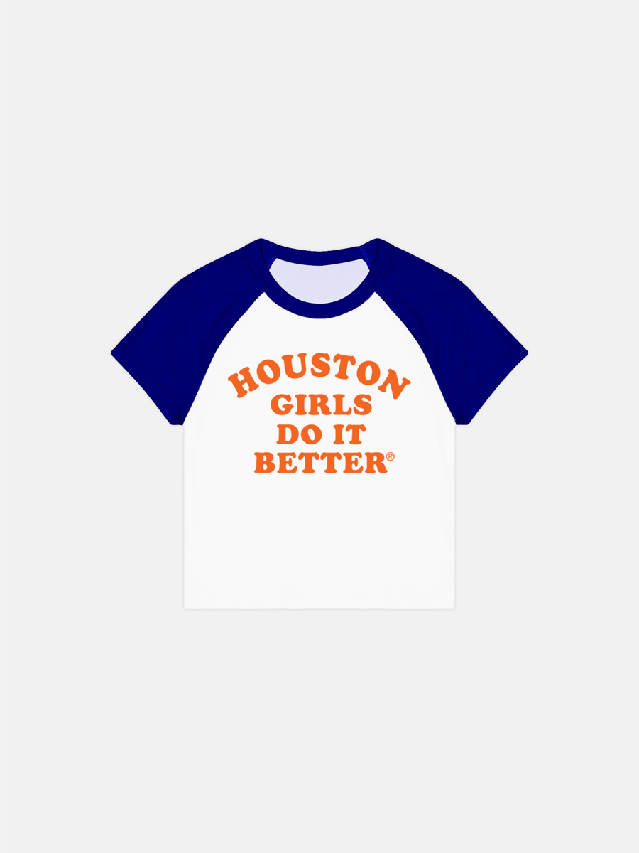 Image of HOUSTON GIRLS DO IT BETTER® WOMEN'S RAGLAN TEE - WHITE / NAVY BLUE / ORANGE