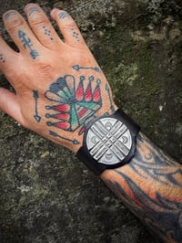 Image 1 of WL&A Handmade Sunrise Crossroads Silver Dollar Medicine Leather Bracelet - Wrist Size 7" to 7.75"