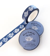 Image 1 of Blue & White Teapots 15mm Washi Tape Blue Background