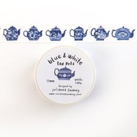 Image 4 of Blue & White Teapots 15mm Washi Tape White Background