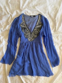 Image 1 of Vintage Y2K Aftershock blue sequin butterfly silk babydoll top 