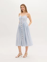 Linen-Blend Striped Midi Dress