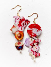 Image 1 of ‘floating peonies, summer fruits’ – gold abstract earring dangles