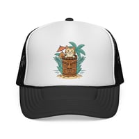 Image 1 of Tiki Cat Illustration Trucker Cap | Tropical Palm, Tiki Mug Design