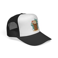 Image 2 of Tiki Cat Illustration Trucker Cap | Tropical Palm, Tiki Mug Design