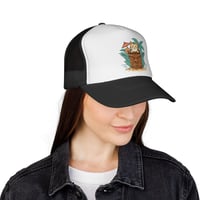 Image 4 of Tiki Cat Illustration Trucker Cap | Tropical Palm, Tiki Mug Design
