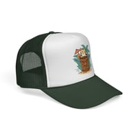Image 5 of Tiki Cat Illustration Trucker Cap | Tropical Palm, Tiki Mug Design