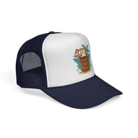 Image 8 of Tiki Cat Illustration Trucker Cap | Tropical Palm, Tiki Mug Design