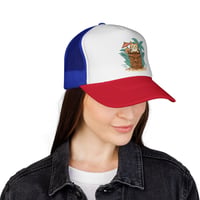 Image 16 of Tiki Cat Illustration Trucker Cap | Tropical Palm, Tiki Mug Design